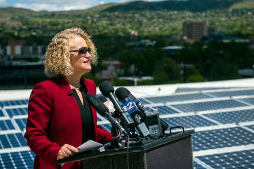 Chris Detrick  |  The Salt Lake Tribune
Mayor Jackie Biskupski speaks during a press conference on top of the Salt Lake City Public Safety Building Tuesday May 10, 2016. Through the new initiative, Subscriber Solar, the city will nearly double the amount of sustainable energy powering government operations by the end of 2016. Mayor Biskupski has set a 2020 goal to have 50% of municipal operations powered by renewable energy, and 100% by 2032.