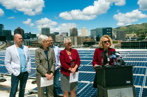 Chris Detrick  |  The Salt Lake Tribune
Mayor Jackie Biskupski speaks during a press conference on top of the Salt Lake City Public Safety Building Tuesday May 10, 2016. Through the new initiative, Subscriber Solar, the city will nearly double the amount of sustainable energy powering government operations by the end of 2016. Mayor Biskupski has set a 2020 goal to have 50% of municipal operations powered by renewable energy, and 100% by 2032.