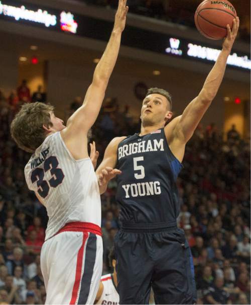 Rick Egan  |  The Salt Lake Tribune

Brigham Young Cougars guard Kyle Collinsworth (5) goes to the hoop, as Gonzaga Bulldogs forward Kyle Wiltjer (33) defends, in basketball action, Brigham Young Cougars vs. The Gonzaga Bulldogs, in the West Coast Conference Semifinals, at the Orleans Arena in Las Vegas, Saturday, March 7, 2016.