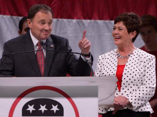 Leah Hogsten  |  The Salt Lake Tribune
Incumbent Governor Gary Herbert delivers his re-election speech, backed by his family and wife Jeanette Herbert at the Utah Republican Convention, Saturday, April 23, 2016, at Salt Palace Convention Center.