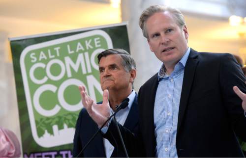 Al Hartmann  |  The Salt Lake Tribune
Salt Lake Comic Con co-founders Brian Brandenburg, left, and Dan Farr announce the celebrity guests for the 2016 edition, set for Sept. 1-3 at the Salt Palace Convention Center.