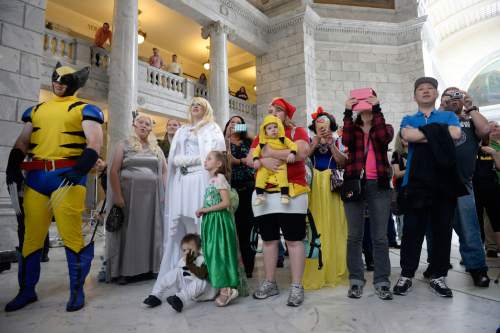 Al Hartmann  |  The Salt Lake Tribune
Cosplayers and fans filled the Utah State Capitol on Wednesday, May 11.  Fans and cosplayers were there for the announcement of Salt Lake Comic Con's celebrity guests for the 2016 edition, set for Sept. 1-3 at the Salt Palace Convention Center.
