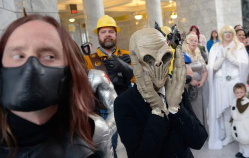 Al Hartmann  |  The Salt Lake Tribune
Cosplayers and fans filled the Utah State Capitol on Wednesday, May 11.  Fans and cosplayers were there for the announcement of Salt Lake Comic Con's celebrity guests for the 2016 edition, set for Sept. 1-3 at the Salt Palace Convention Center.
