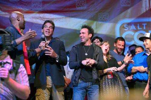 Leah Hogsten  |  The Salt Lake Tribune
 "Land of the Dead" actor Eugene Clark, left, and Lou Ferrigno get everyone to sing happy birthday to Jason David Frank "zombie style"  during the second annual Comic Con, Sept. 4-6, at the Salt Palace Convention Center, September 4, 2014.  Ferrigno and Frank will return to Salt Lake Comic Con for its 2016 run Sept. 1-3.