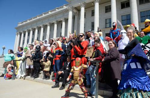 Al Hartmann  |  The Salt Lake Tribune
Cosplayers gather for a group photo on steps at the Utah State Capitol on Wednesday, May 11.  Fans and cosplayers were there for the announcement of Salt Lake Comic Con's celebrity guests for the 2016 edition, set for Sept. 1-3 at the Salt Palace Convention Center.