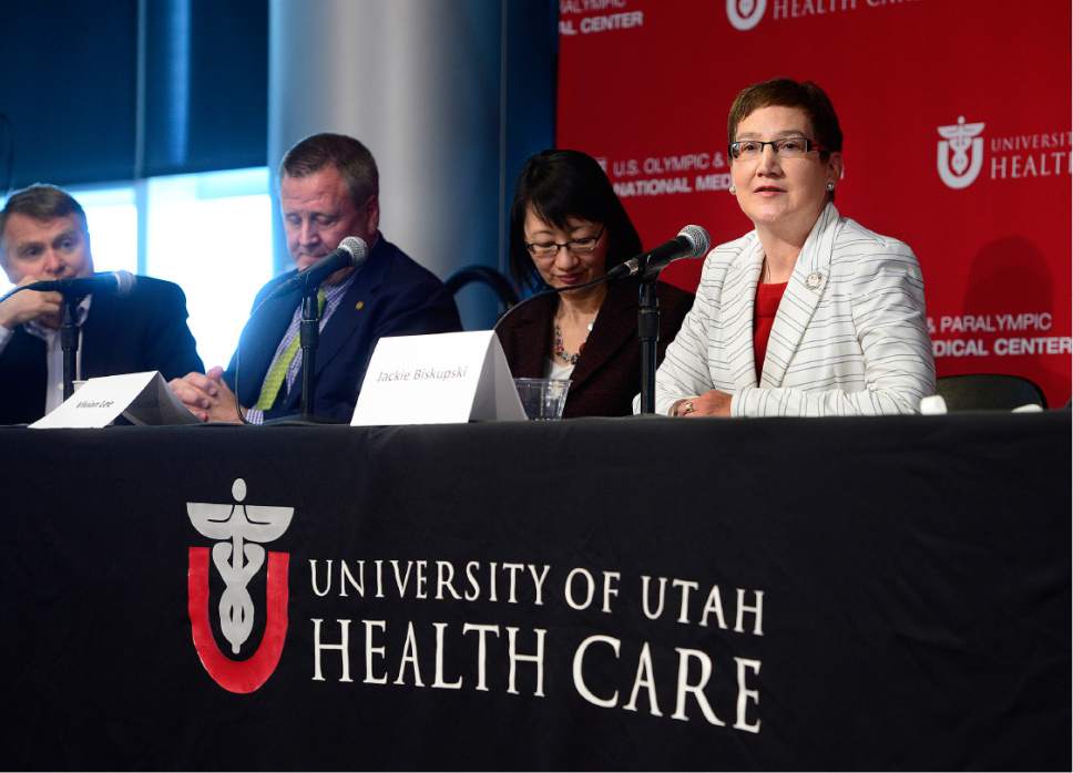 Scott Sommerdorf   |  The Salt Lake Tribune  
Dr. Carrie L. Byington, right, answers questions about her study of the Zika Virus, and other aspects of the University of Utah's role in helping with athlete health during the 2016 Olympics as leaders of the University of Utah, the United States Olympic Committee (USOC) and Salt Lake City joined with Olympic and Paralympic athletes to celebrate a special joint announcement, Wednesday, May 11, 2016.