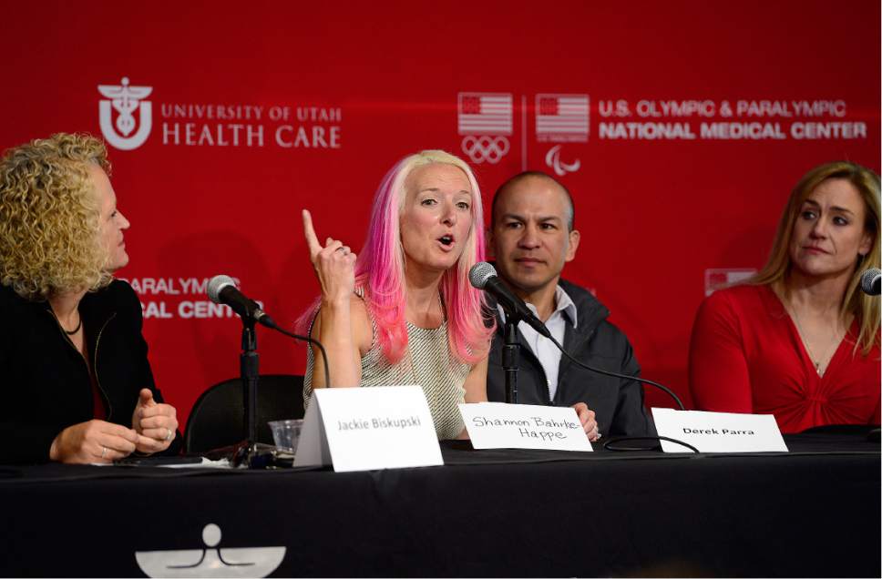 Scott Sommerdorf   |  The Salt Lake Tribune  
Olympic athlete Shannon Bahrke speaks during a press conference where leaders of the University of Utah, the United States Olympic Committee (USOC) and Salt Lake City joined with Olympic and Paralympic athletes to celebrate a special joint announcement, Wednesday, May 11, 2016.