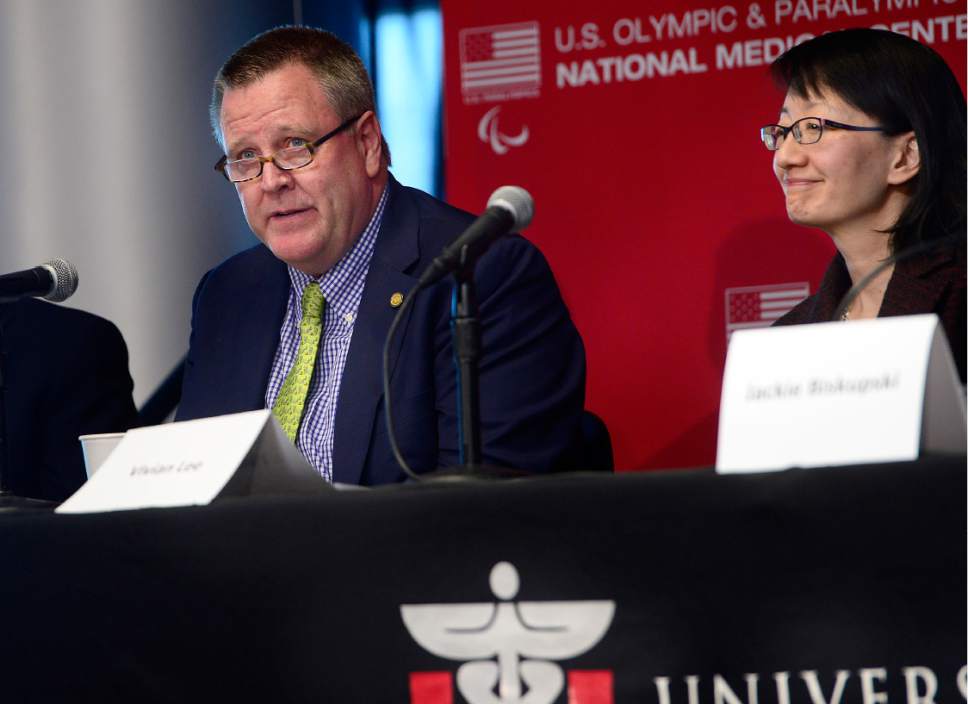 Scott Sommerdorf   |  The Salt Lake Tribune  
Scott Blackmun, CEO of the United States Olympic Committee, speaks during a press conference where leaders of the University of Utah, the United States Olympic Committee (USOC) and Salt Lake City joined with Olympic and Paralympic athletes to celebrate a special joint announcement, Wednesday, May 11, 2016. At right is Dr. Vivian Lee, Senior Vice President of the University of Utah Health Sciences.