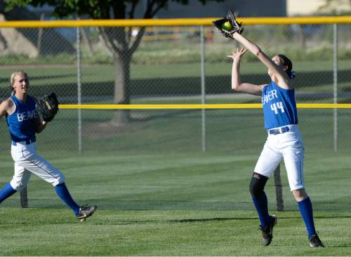 Francisco Kjolseth | The Salt Lake Tribune 
Karlie Hollingshead of Beaver lands a hit to the outfield by Grand County in the Class 2A softball second round in Spanish Fork on Thursday, May 12, 2016. Beaver advanced with a score of 7-2.