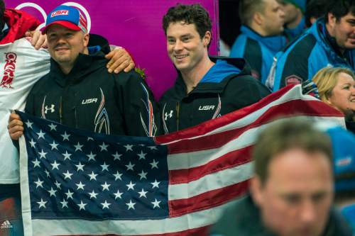 KRASNAYA POLYANA, RUSSIA  - JANUARY 17:
Pilot Steven Holcomb, left, and brakeman Steven Langton, celebrate after competing in the men's two-man bobsled at Sanki Sliding Center during the 2014 Sochi Olympics Monday February 17, 2014. USA-1 with Steven Holcomb, of Park City, Utah, and Steve Langton, of Melrose, Mass., won the bronze medal with a time of 3:46.27.
(Photo by Chris Detrick/The Salt Lake Tribune)
