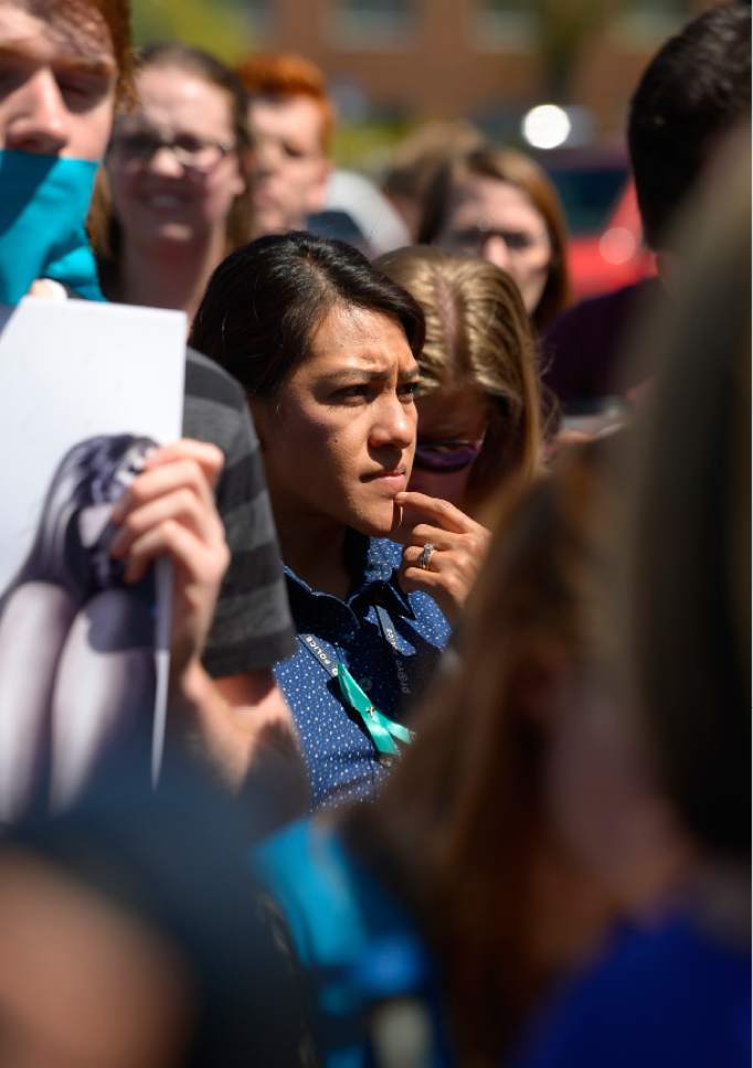 Leah Hogsten  |  The Salt Lake Tribune
Provo Police Department sexual assault victims advocate Suelen Whetten attended to show her support for Madi Barney and other sexual assault victims. Care2 petition supporters delivered 60,000  petition signatures to Brigham Young University's Abraham O. Smoot administration building, Wednesday, April 20, 2016 to protest the school's "Honor Code" and to ask the school to add an immunity clause shielding sexual assault victims from Honor Code investigations.