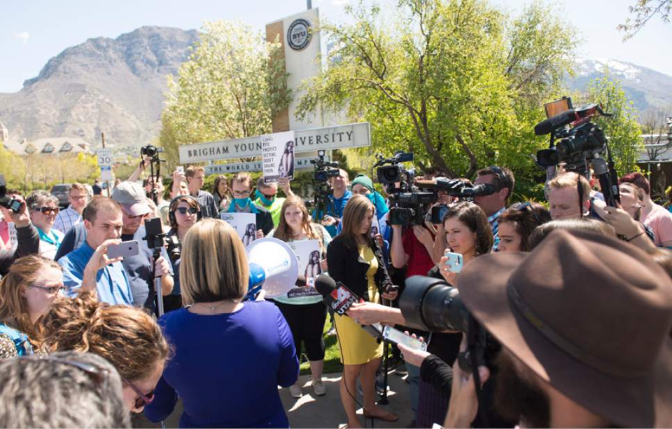 Leah Hogsten  |  The Salt Lake Tribune
Care2 petition supporters delivered 60,000  petition signatures to Brigham Young University's Abraham O. Smoot administration building, Wednesday, April 20, 2016 to protest the school's "Honor Code" and to ask the school to add an immunity clause shielding sexual assault victims from Honor Code investigations.