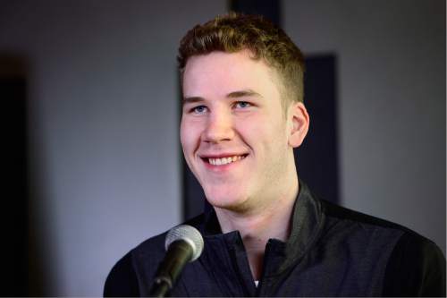 Scott Sommerdorf   |  The Salt Lake Tribune  
Jakob Poeltl announced that he's decided to enter the NBA Draft. Utah head coach Larry Krystkowiak joined him in the press conference at the Utah practice facility, Wednesday, April 13, 2016.