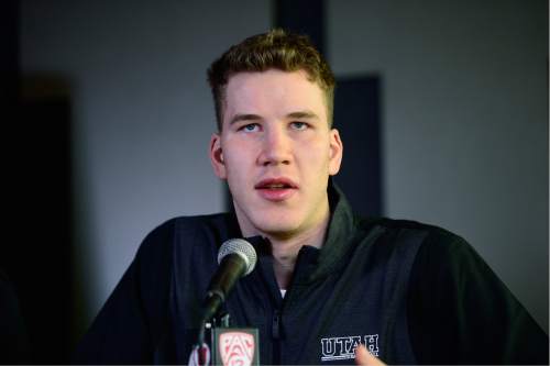 Scott Sommerdorf   |  The Salt Lake Tribune  
Jakob Poeltl announced that he's decided to enter the NBA Draft. Utah head coach Larry Krystkowiak joined him in the press conference at the Utah practice facility, Wednesday, April 13, 2016.