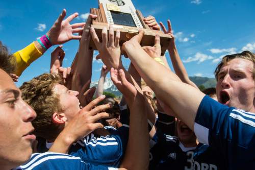 Chris Detrick  |  The Salt Lake Tribune
Members of the Waterford soccer team celebrate after winning the 3A championship game at Alta High School Saturday May 14, 2016. Waterford defeated Wasatch Academy 6-0.