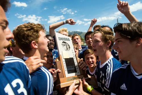 Chris Detrick  |  The Salt Lake Tribune
Members of the Waterford soccer team celebrate after winning the 3A championship game at Alta High School Saturday May 14, 2016. Waterford defeated Wasatch Academy 6-0.