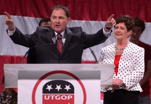 Leah Hogsten  |  Tribune file photo
Gov. Gary Herbert delivers his re-election speech, backed by his family and wife Jeanette Herbert at the Utah Republican Convention, Saturday, April 23, 2016, at Salt Palace Convention Center.