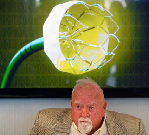 Steve Griffin / The Salt Lake Tribune

Device recipient Wilford Brimley talks about the Watchman left atrial appendage closure device, back, a life-saving and heart-preserving cardiac device that has been tested extensively in clinical trials by scientists and cardiologists at the Intermountain Medical Center Heart Institute in Murray. The device will be available this month, for the first time, to all eligible Utah patients for widespread clinical care outside of the research arena. The device is the first and only one of its kind available in the United States. The Intermountain Medical Center Heart Institute has been one of the leading national research sites, and is the first and only Utah hospital authorized to implant the device at this point. The device was introduced at a press conference at the Intermountain Medical Center Doty Education Center in Murray, Utah Monday May 16, 2016.