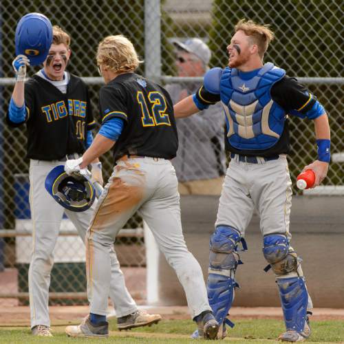 Trent Nelson  |  The Salt Lake Tribune
Orem's Parker Wollaston (12) celebrates a run vs. Timpanogos in a critical Region 7 baseball game in Orem, Wednesday April 27, 2016. The two teams have combined to win 28 straight games. At left is James Kimmel and right is Jake Herman.