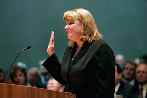 FILE - In this March 13, 2006 file photo, Allison Eid is sworn in as chief justice of the Colorado Supreme Court in Denver. Presumptive Republican presidential nominee Donald Trump has released a list of 11 potential Supreme Court justices he plans to vet to fill the seat of late Justice Antonin Scalia. (AP Photo/Linda McConnell, Pool, File)