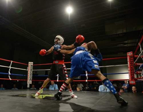 Leah Hogsten  |  The Salt Lake Tribune
 Ogden's Diego Alvarez (left) boxing for Rocky Mountain defeated Paul Jerry of Washington, DC during the second round of the 2016 National Golden Gloves Tournament of Champions boxing tournament at the Salt Palace Convention Center on Tuesday, May 17, 2016.