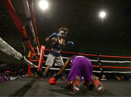 Leah Hogsten  |  The Salt Lake Tribune
 Eric Diaz of Nevada watches as Desmond Jarmon of Cincinnati hits the deck, but Diaz was defeated during their match second round of the 2016 National Golden Gloves Tournament of Champions boxing tournament at the Salt Palace Convention Center on Tuesday, May 17, 2016.