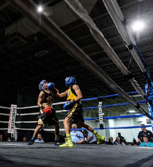 Trent Nelson  |  The Salt Lake Tribune
David Olivera, Detroit (left), vs. Joseph Ortiz, Florida, in boxing action at the Golden Gloves of America's 2016 National Tournament of Champions in Salt Lake City, Wednesday May 18, 2016.