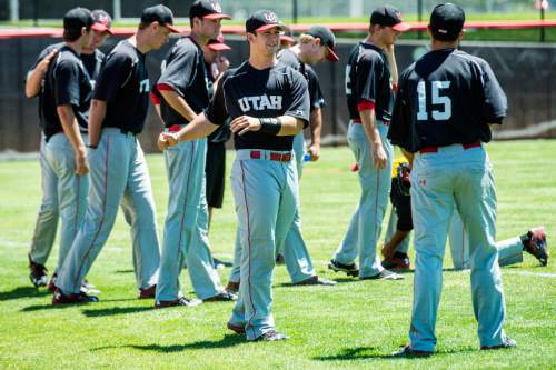 Chris Detrick  |  The Salt Lake Tribune
University of Utah baseball players warm up during a practice Wednesday May 11, 2016.