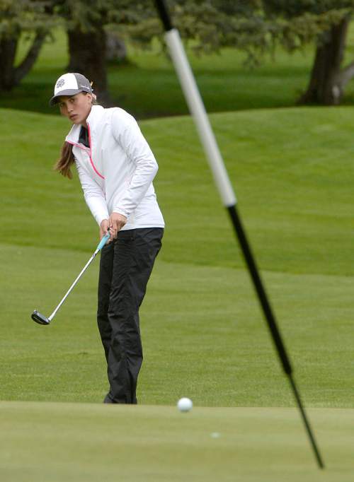 Al Hartmann  |  The Salt Lake Tribune
Davis High School's Laura Gerner tries a long putt on the final day of the of the 5A girls' golf tournament on the Lake Course at Wasatch Mountain State Park Monday May 17.