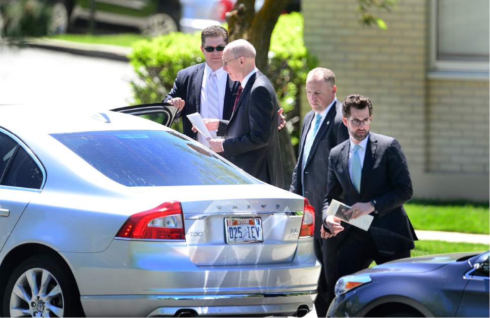 Scott Sommerdorf   |  The Salt Lake Tribune  
Henry B. Eyring, First Counselor in the First Presidency of The Church of Jesus Christ of Latter-day Saints, second from left, leaves the funeral services for former U.S. Senator Bob Bennett, Saturday, May 14, 2016.