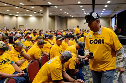 Trent Nelson  |  The Salt Lake Tribune
Yellow t-shirts of pro-coal citizens fill a room at the Salt Palace Convention Center in Salt Lake City, Thursday May 19, 2016, where the Bureau of Land Management (BLM) solicited public input at a public meeting as the next step in the Department of the Interiorís comprehensive review of the federal coal program.
