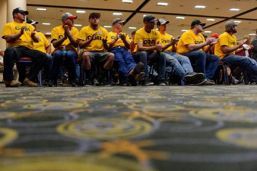 Trent Nelson  |  The Salt Lake Tribune
Yellow t-shirts of pro-coal citizens fill a room at the Salt Palace Convention Center in Salt Lake City, Thursday May 19, 2016, where the Bureau of Land Management (BLM) solicited public input at a public meeting as the next step in the Department of the Interior's comprehensive review of the federal coal program.