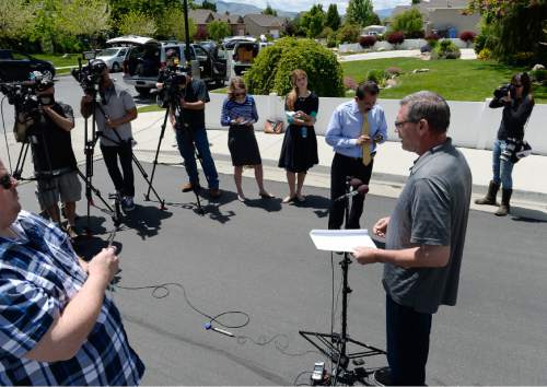 Francisco Kjolseth | The Salt Lake Tribune
Richard Massey, a family spokesperson for missing UTA worker 63-year-old Kay Porter Ricks, whose body was found Tuesday in Wyoming, speaks with the media outside their neighborhood ward in American Fork on Wednesday, May 18, 2016.