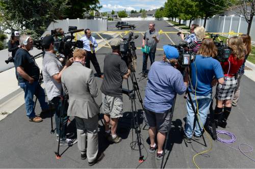 Francisco Kjolseth | The Salt Lake Tribune
Richard Massey, a family spokesperson for missing UTA worker 63-year-old Kay Porter Ricks, whose body was found Tuesday in Wyoming, speaks with the media outside their neighborhood ward in American Fork on Wednesday, May 18, 2016.