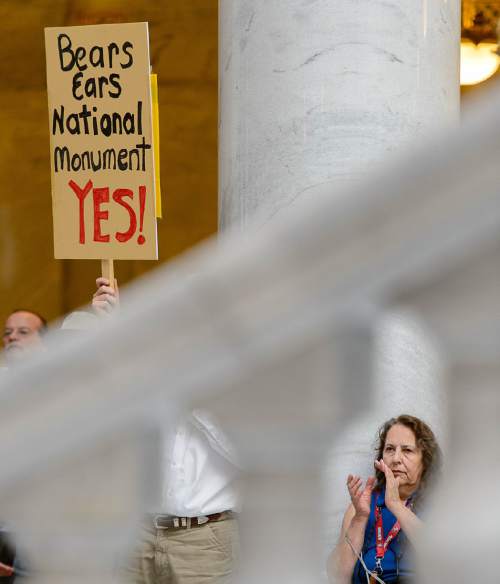 Trent Nelson  |  The Salt Lake Tribune
Attendees applaud as Utah Diné Bikéyah (UDB) and Tribal leaders stand in support of protecting the Bears Ears at a rally today in the Utah State Capitol Rotunda in Salt Lake City, Wednesday May 18, 2016. Attendees at the rally called for President Obama to protect sacred sites and honor ancestral lands by designating Bears Ears National Monument.