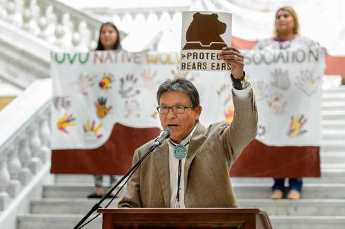 Trent Nelson  |  The Salt Lake Tribune
Mark Maryboy speaks as Utah DinÈ BikÈyah (UDB) and Tribal leaders stand in support of protecting the Bears Ears at a rally today in the Utah State Capitol Rotunda in Salt Lake City, Wednesday May 18, 2016. Attendees at the rally called for President Obama to protect sacred sites and honor ancestral lands by designating Bears Ears National Monument.