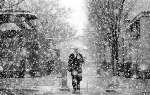 Sarah A. Miller  |  Tribune file photo

Ben Gerlach walks through Salt Lake City's Temple Square, and an unexpected March rainstorm-turned-blizzard, in 2011. This photo, by then-Salt Lake Tribune photographer Sarah A. Miller, is one of the images included in "Through Her Eyes: Photography by Utah Female Journalists," an exhibit opening May 16, 2016, at the Salt Lake City Library's main branch.