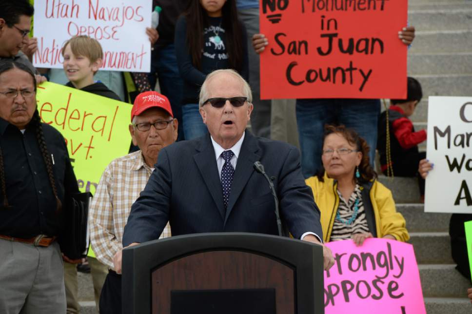 Francisco Kjolseth | The Salt Lake Tribune
Representative Mike Noel holds a demonstration against a Bears Ears monument designation and presidents' "unilateral" use of the Antiquities Act to protect lands within Utah. Rep. Noel was joined by a few other law makers and  several Navajo to make their case that Utah Native Americans don't support a monument, during a press conference on the steps of the Utah Capitol on Tuesday, May17, 2016.