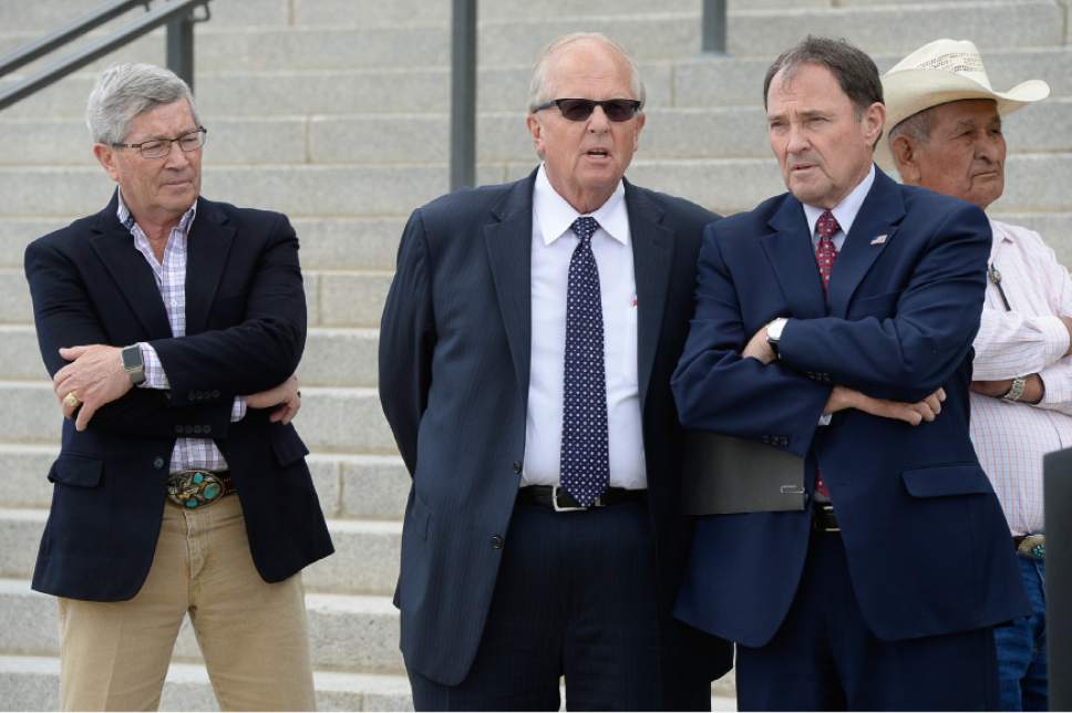 Francisco Kjolseth | The Salt Lake Tribune
David Hinkins, Mike Noel, and Governor Gary Herbert, from left, hold a demonstration against a Bears Ears monument designation and presidents' "unilateral" use of the Antiquities Act to protect lands within Utah. Several Navajo accompanied them to make their case that Utah Native Americans don't support a monument, during a press conference on the steps of the Utah Capitol on Tuesday, May17, 2016.