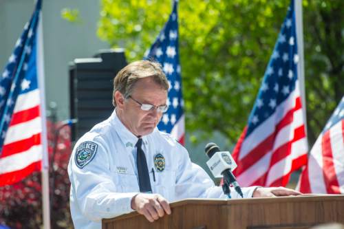 Chris Detrick  |  The Salt Lake Tribune
Sergeant Jeff Evans speaks during the annual Memorial Service for fallen deputies and officers killed in the line of duty at the Salt Lake County Sheriff's Office Wednesday May 18, 2016.