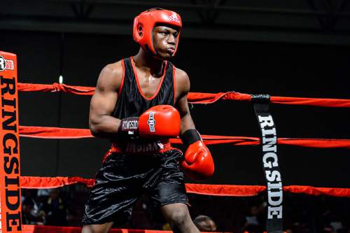 Trent Nelson  |  The Salt Lake Tribune
E'mond Driver, Indiana (red), vs. Rafael Medina, Texas, in boxing action at the Golden Gloves of America's 2016 National Tournament of Champions in Salt Lake City, Thursday May 19, 2016.