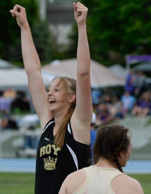 Francisco Kjolseth | The Salt Lake Tribune
Maryka Jansen of Roy expresses her joy following a great performance while competing in Girl's shot put 5A finals, as boys and girls high school athletes compete in the 5A-1A state track & field meet compete at BYU in Provo on Friday, May 20, 2016.