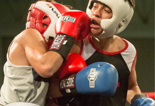 Rick Egan  |  The Salt Lake Tribune

Diego Alverez (right) Rocky Mountain, fights Fernando Martinez, Nevada (left), in the 114 division, in the 2016 Golden Gloves Tournament of Champions, at the Salt Palace, Saturday, May 21, 2016. Alverez won the match.