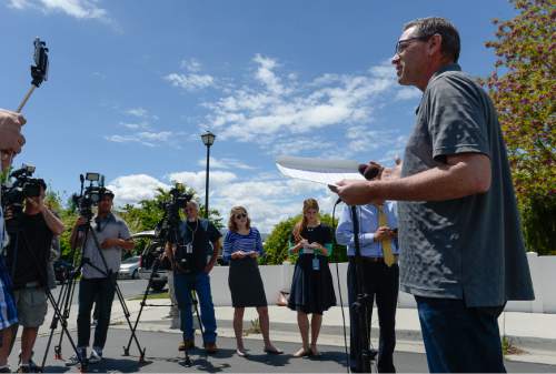 Francisco Kjolseth | The Salt Lake Tribune
Richard Massey, a family spokesperson for missing UTA worker 63-year-old Kay Porter Ricks, whose body was found Tuesday in Wyoming, speaks with the media outside their neighborhood ward in Spanish Fork on Wednesday, May 18, 2016.