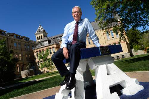 Scott Sommerdorf   |  The Salt Lake Tribune  
USU President Stan Albrecht poses on "The A" near the Old Main building, Wednesday, May 18, 2016. He is retiring from his position with the University.