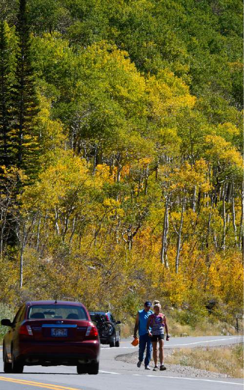 Scott Sommerdorf   |  The Salt Lake Tribune
Two hikers make their way down Big Cottonwood Canyon Road below Guardsman's Pass, Sunday, September 20, 2015.