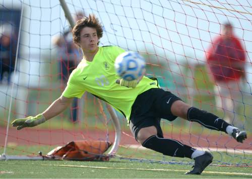 Leah Hogsten  |  The Salt Lake Tribune
Viewmont goalie Tyler Trump watches as he misses a goal kick. Viewmont High School defeated Lone Peak High School in a 4-2 sudden death match for the 5A State Soccer semifinal win at Woods Cross High School, May 24, 2016.