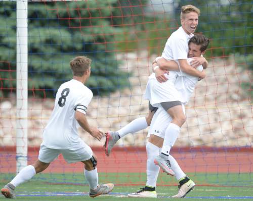 Leah Hogsten  |  The Salt Lake Tribune
Lone Peak's Tyler Gundred celebrates his assist to teammate Justin Jones who scored the goal in the first half. Viewmont High School defeated Lone Peak High School in a 4-2 sudden death match for the 5A State Soccer semifinal win at Woods Cross High School, May 24, 2016.