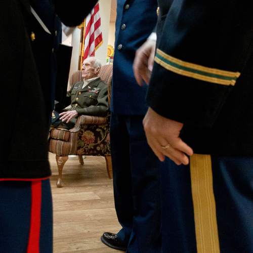 Trent Nelson  |  The Salt Lake Tribune
1st Lieutenant Dan M. Eastman (a 96 year old veteran of WWII) prepares to receive the Honor Salute at the Olympus Ranch Retirement Community in Murray, Wednesday May 25, 2016.