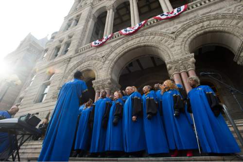 Steve Griffin  |  The Salt Lake Tribune

 The Calvary Baptist Church Choir performs during Oath of Office Ceremony for Mayor Jackie Biskupski and council members Andrew Johnston, Derek Kitchen and Charlie Luke at the City & County Building in Salt Lake City, Monday, January 4, 2016.